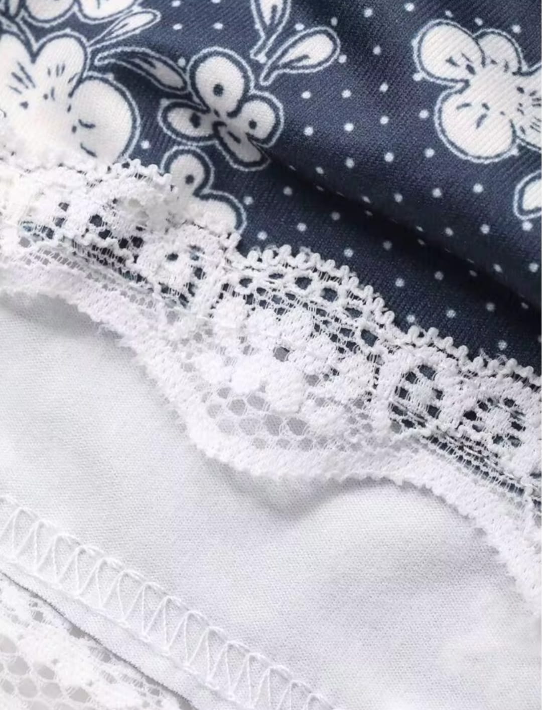 Women's Navy Blue Floral & Polka Dot Print Slip Shorts with Lace Hem